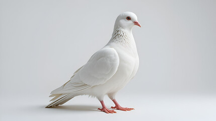 White jacobin pigeon standing isolated on white background