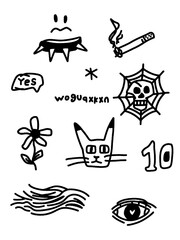 Raw, dark, and edgy doodle set for punk and streetwear aesthetic