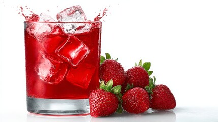 Glass of red juice with ice cubes and a bunch of strawberries on the side. The image conveys a refreshing and healthy vibe, as the juice is made from fresh fruit