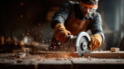 Craftsman uses a circular saw to shape wood in a workshop during the early morning light, showcasing sparks flying in the air