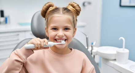 Happy girl brushing teeth with electric toothbrush dental hygiene oral care healthy smile kids teeth cleaning dentist appointment child healthcare prevention