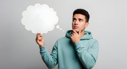 Young man in teal hoodie thinking holding thought bubble brainstorming ideas concept