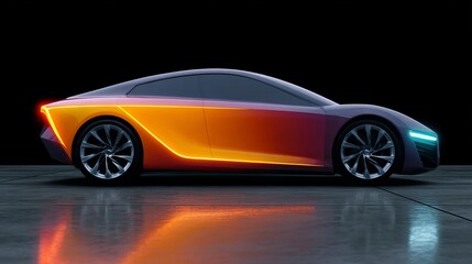 Fototapeta premium Car with a bright orange stripe is shown in a dark background. The car is a futuristic design with a sleek and modern look. The orange stripe adds a pop of color