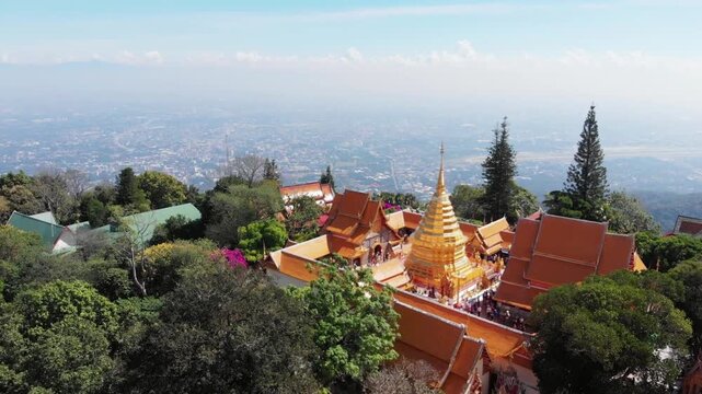 Golden pagoda of wat phra that doi suthep temple overlooking chiang mai city