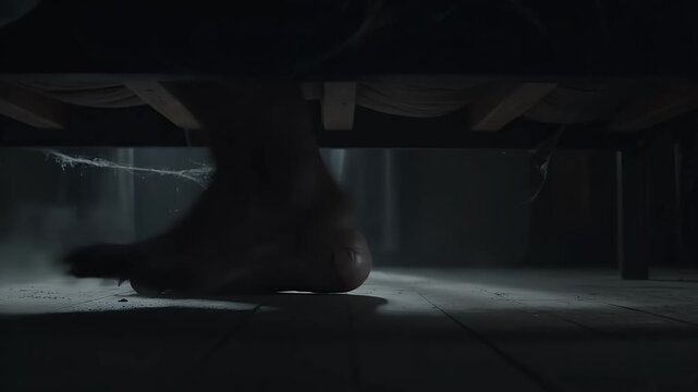 A creepy, clawed monster's foot slowly steps out from the dark, dusty space beneath a bed onto a dimly lit wooden floor, evoking suspense and fear.