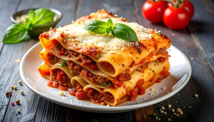 A hearty portion of lasagna, layered with pasta, meat sauce, and cheese, garnished with basil, sits on a white plate