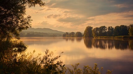 shore. Tranquil lakeside view at sunset with calm water reflecting golden hues. inspiring travel planning, travel magazines, designed for outdoor magazines and nature guides.