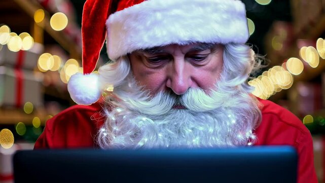 Santa Claus sits in the warehouse of his factory with laptop and keeps a record of gifts. Santa Claus tracks and updates the gift list using his laptop in the warehouse.