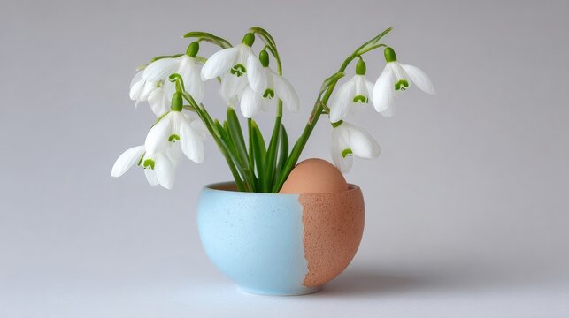Vase with a blue and white bowl and a white flower with green leaves. The flower is surrounded by an egg - Powered by Adobe