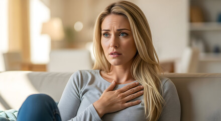 Worried woman sitting on sofa at home feeling anxious stressed and overwhelmed needing comfort and support mental health issues