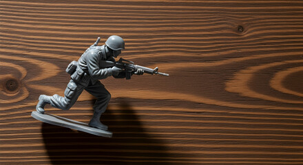 Toy soldier action figure military combat game play strategic warfare wooden background army figurine plastic toy soldier war game