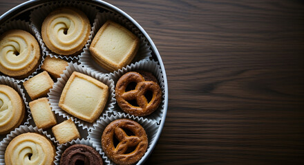 Assorted Danish Butter Cookies in a Round Tin on Wooden Table Delicious Sweet Treats Bakery Confectionery Dessert Food Photography