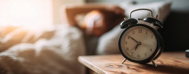 The alarm clock on wooden bedside table signaling quiet morning light and cozy bedroom routine