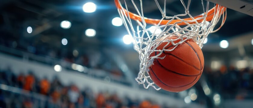 The basketball soaring through the net in an exciting indoor sports arena.