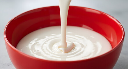 Creamy white yogurt pouring into red bowl healthy breakfast dairy product fresh delicious smooth texture natural probiotic rich calcium source greek yogurt dietary food