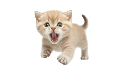 A playful kitten with light brown fur and striking blue eyes joyfully running towards the camera. its energetic demeanor in a bright. minimalistic setting