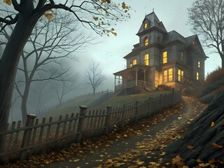 Spooky victorian mansion on a hill at dusk with fog and autumn leaves
