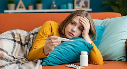 Teenage Girl Feeling Sick at Home Resting on Couch with Thermometer and Medicine