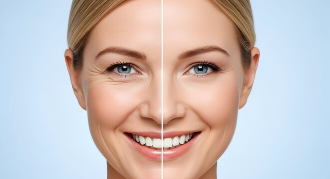 Before and After Anti Aging Treatment Wrinkle Reduction Skincare Beauty Cosmetic Facial Rejuvenation Dermatology