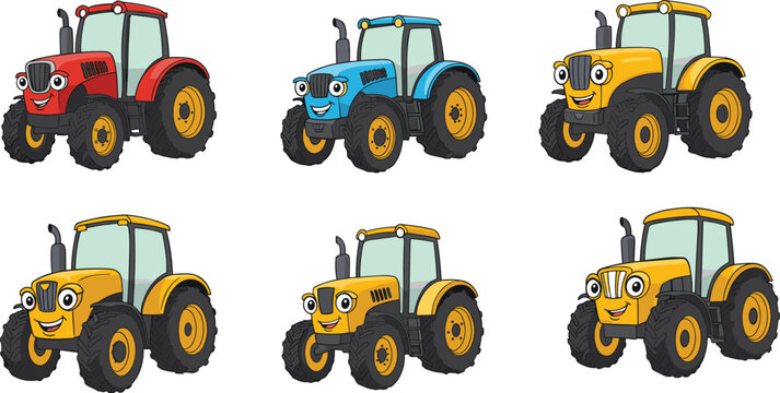 Colorful cartoon tractors with smiling faces, cute farm vehicle illustration for kids, agriculture machinery design, red blue yellow tractors collection