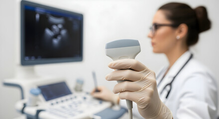 Focused Female Doctor Using Ultrasound Machine for Medical Diagnosis Healthcare Professional Examining Patient