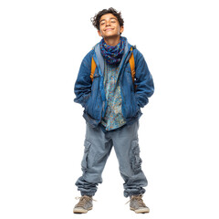 Naklejka premium Confident young boy in denim jacket and scarf on white background