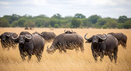 African Cape Buffalo Herd Grazing in Savannah Grassland Wild African Wildlife Safari Adventure Travel Photography