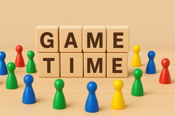 Colorful Game Pieces Surrounding Wooden Blocks with Bold Game Time Letters