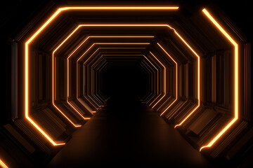 A dramatic black background with neon glowing tunnel-like perspective, creating futuristic depth and energy.