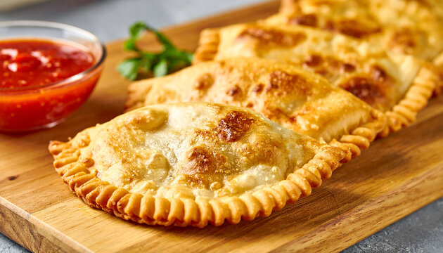 Homemade chebureks filled with meat, spicy tomato sauce on wooden board. Delicious fast food