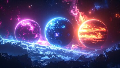 Three vibrant planets in a swirling nebula