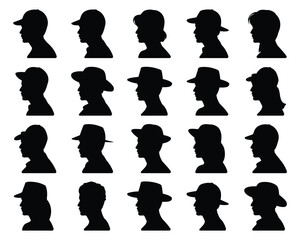Diverse male profile silhouettes wearing different hats and caps collection