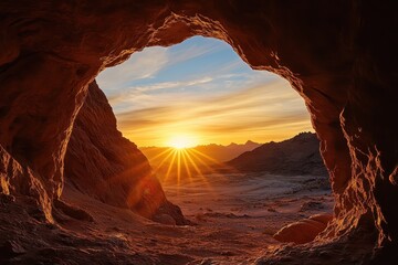 Desert Sunset View Through Cave Opening.