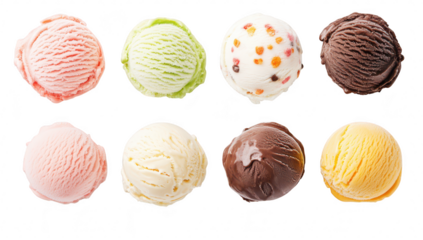 A colorful assortment of ice cream scoops arranged neatly in two rows. various flavors like strawberry. mint. chocolate. and vanilla. ideal for dessert promotions or food photography