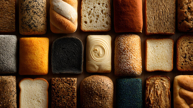 Varieties of flatbread and whole grain toast arranged as background - Powered by Adobe