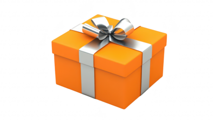 A orange gift box adorned with a silver ribbon. symbolizing celebration and joy. set against a clean white background. perfect for promotional materials or festive occasions
