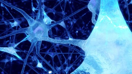 3D looping animation Real Neuron network synapse inside the human brain blue background - Powered by Adobe
