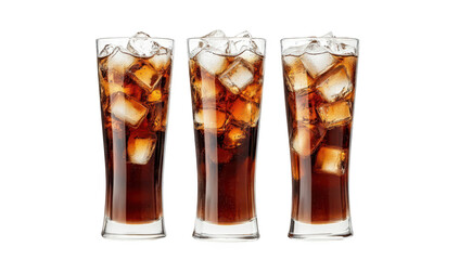 Three tall glasses filled with ice-cold dark soda. the refreshing beverages texture and bubbles. set against a clean white background. perfect for beverage advertising