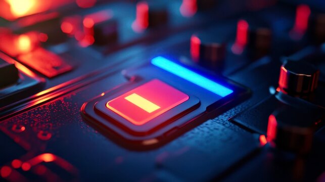 Close-up of illuminated control panel button glowing red and blue, futuristic technology interface with neon lights; concept of innovation, cyber control and digital systems.