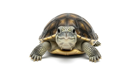 Obraz premium Close up shot of a turtle with brown shell and wrinkled skin on a white background looking forward
