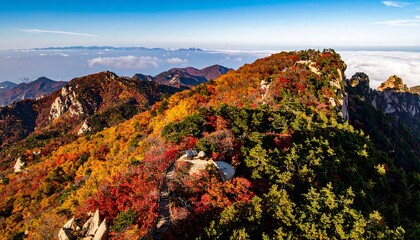 Autumnal mountain range vista showcasing vibrant foliage under a clear blue sky