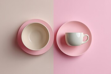 Minimalistic photo featuring an empty bowl and cup arranged on a split pink and beige pastel-colored background, evoking a clean and simple aesthetic.