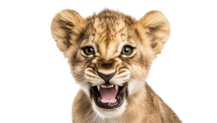 A close-up of a roaring lion cub with its mouth open. its sharp teeth and expressive features. set against a plain white background. ideal for wildlife education and animal conservation themes
