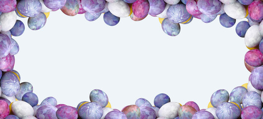 Painted eggs banner, frame, border. Cosmic theme. Pastel colors, blue dominance, minimalist egg decoration. Modern, futuristic, sustainable Easter