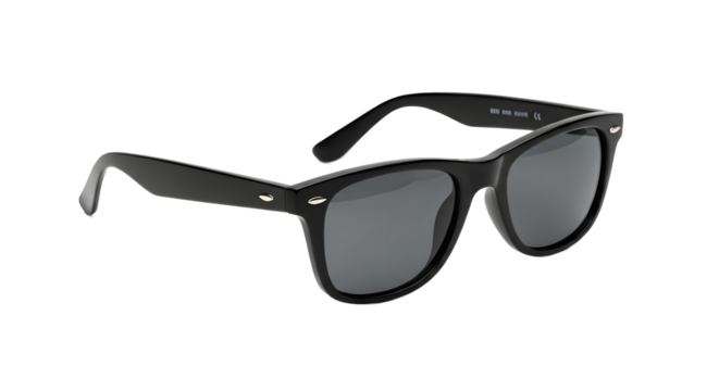 A classic pair of black sunglasses with dark lenses, presented as a plain object isolated on a clean white background with no shadow, logo, or text