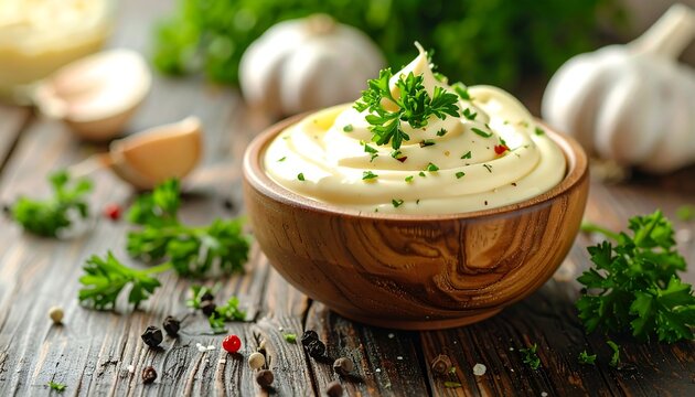 Creamy garlic sauce in a wooden bowl