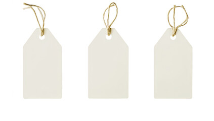 Three blank. white price tags hanging on strings. isolated on a clean background. ideal for customizable label designs in retail or crafting contexts