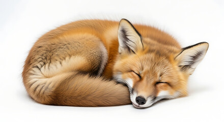 Fototapeta premium A curled up red fox sleeping peacefully on a white background with its eyes gently closed tight