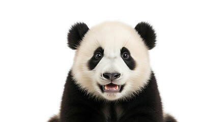 Obraz premium A close up shot of a panda bear with its mouth slightly open on a white background looking forward