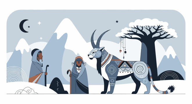 Dazzling tale of Magal Touba showing Serigne Touba figure with majestic animal. Serigne Touba event shows spiritual leader near decorated animal, representing symbolic event in Senegal.